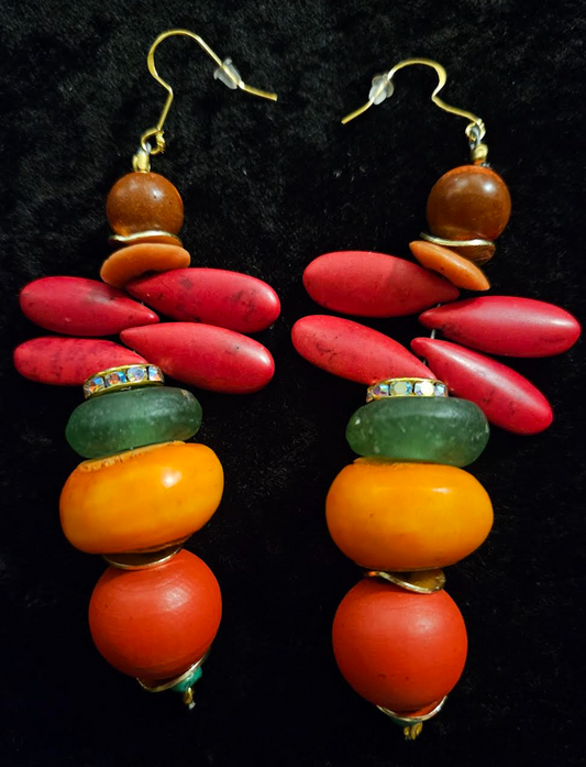 Red Green and Orange Beaded Dangle Pierced Earrings - Tropical Ear Candy for Women of Color - Kat Kouture Jewelry