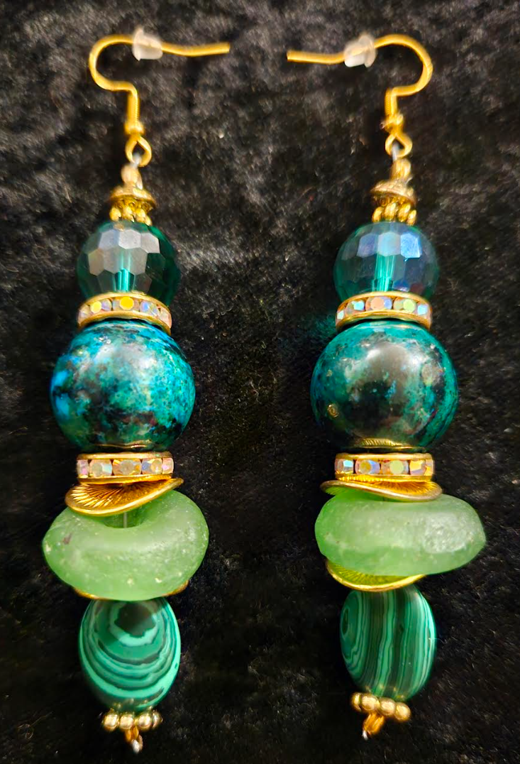 Blue Green Gemstone Pierced Dangle Earrings - Chrysocolla Malachite & Glass Pierced Earrings - Kat Kouture Jewelry