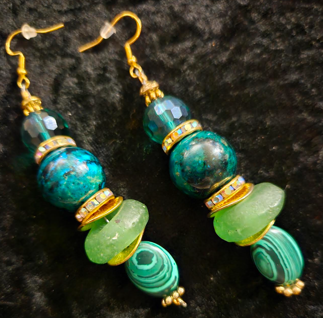 Blue Green Gemstone Pierced Dangle Earrings - Chrysocolla Malachite & Glass Pierced Earrings - Kat Kouture Jewelry