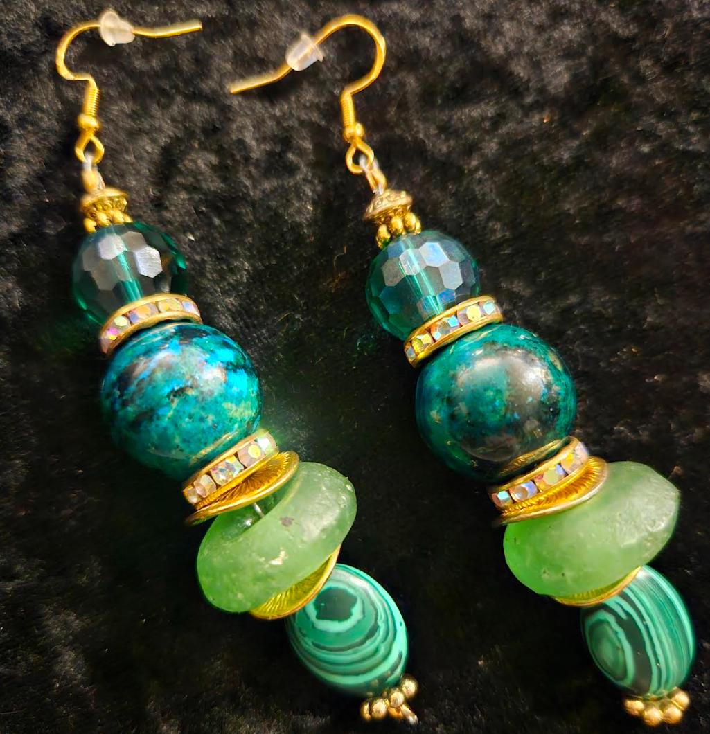 Blue Green Gemstone Pierced Dangle Earrings - Chrysocolla Malachite & Glass Pierced Earrings - Kat Kouture Jewelry