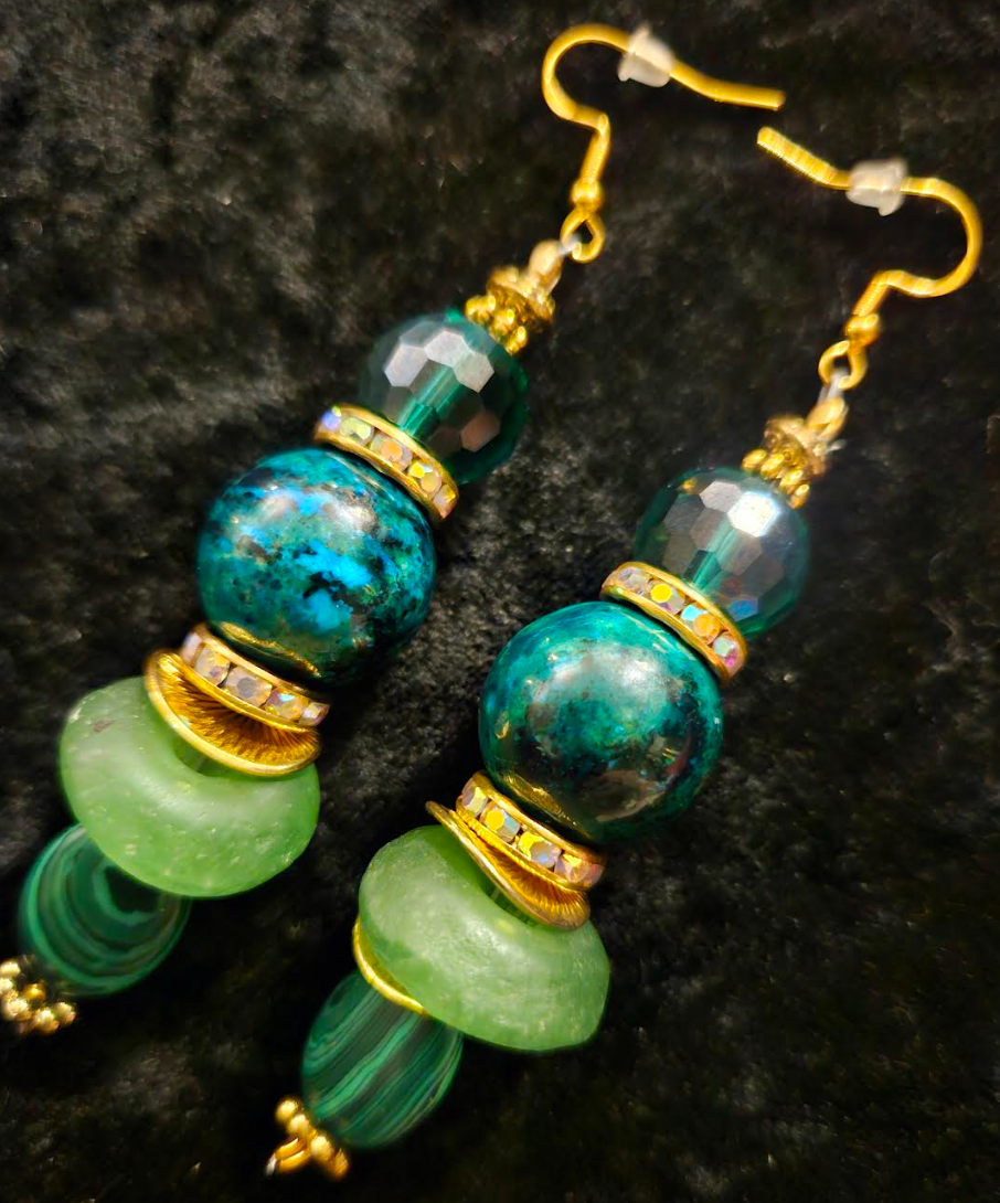 Blue Green Gemstone Pierced Dangle Earrings - Chrysocolla Malachite & Glass Pierced Earrings - Kat Kouture Jewelry