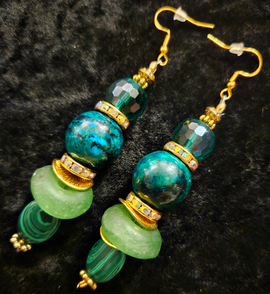 Blue Green Gemstone Pierced Dangle Earrings - Chrysocolla Malachite & Glass Pierced Earrings - Kat Kouture Jewelry