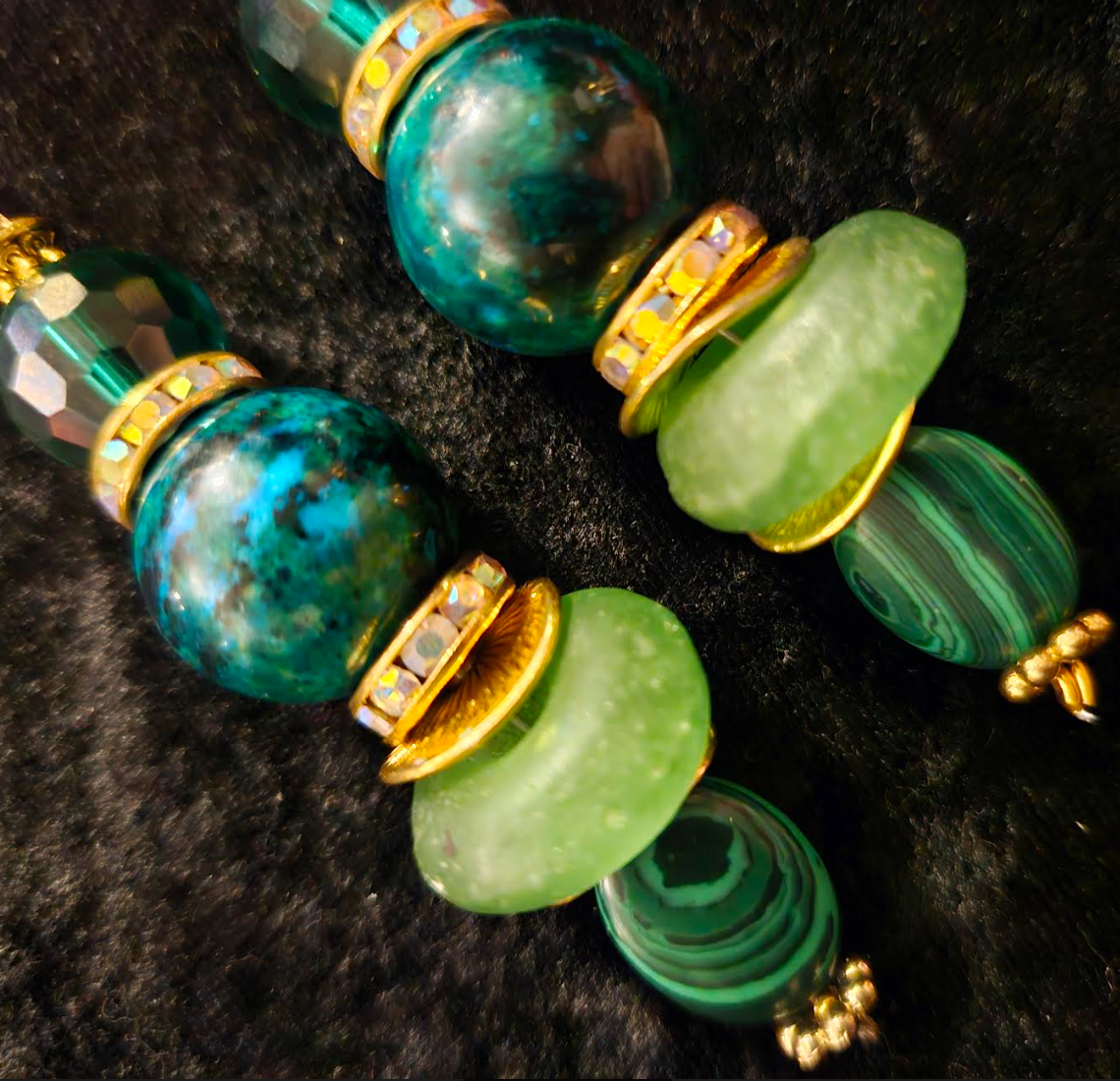 Blue Green Gemstone Pierced Dangle Earrings - Chrysocolla Malachite & Glass Pierced Earrings - Kat Kouture Jewelry