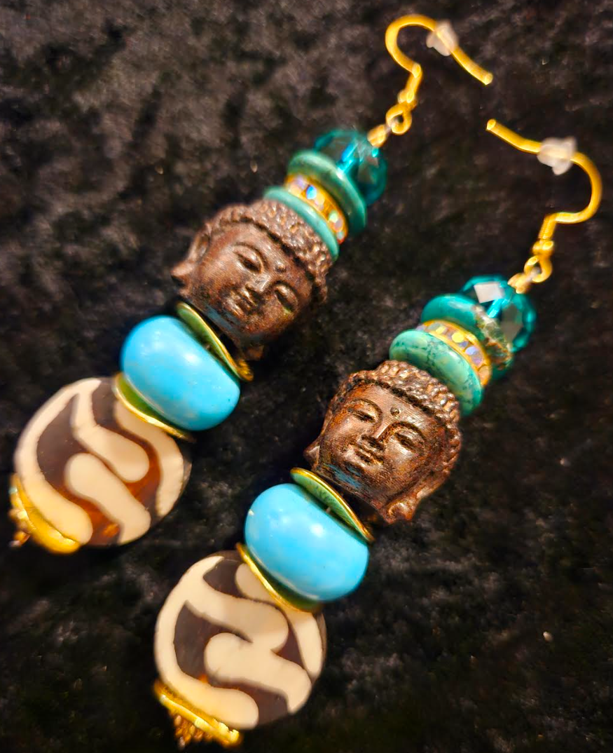 Blue and Brown Agarwood Buddha Head Dangle Earrings - Bone Magnesite Wood and Glass Tribal Shoulder Dusters - Tibetan Ethnic Beaded Ear Candy for Asian Women - Kat Kouture Jewelry