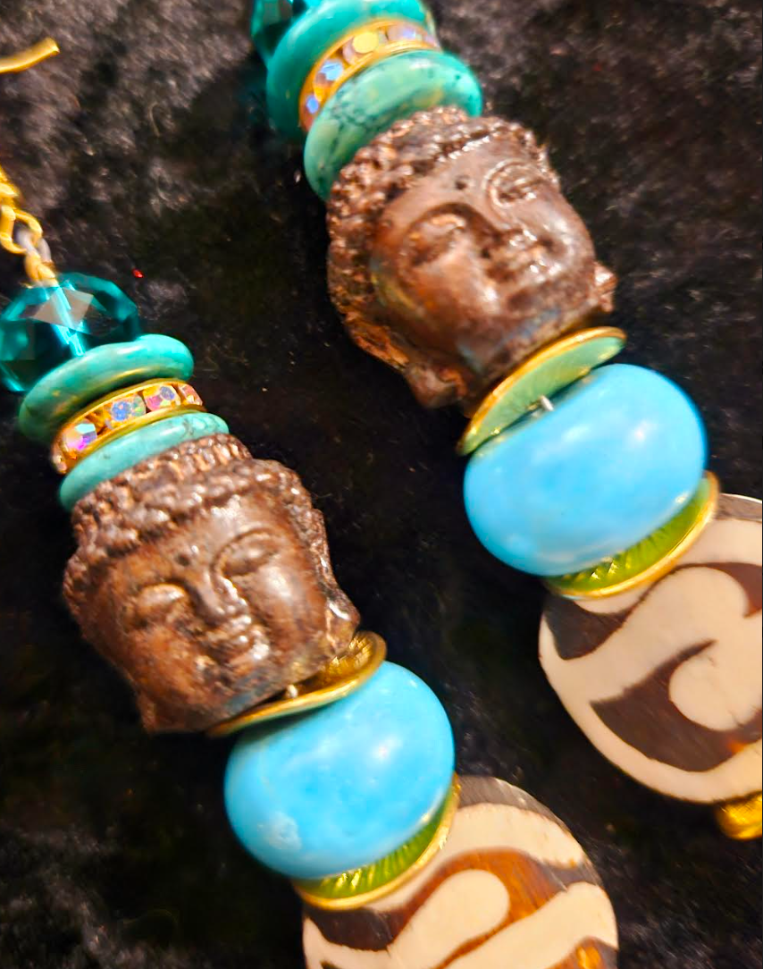 Blue and Brown Agarwood Buddha Head Dangle Earrings - Bone Magnesite Wood and Glass Tribal Shoulder Dusters - Tibetan Ethnic Beaded Ear Candy for Asian Women - Kat Kouture Jewelry