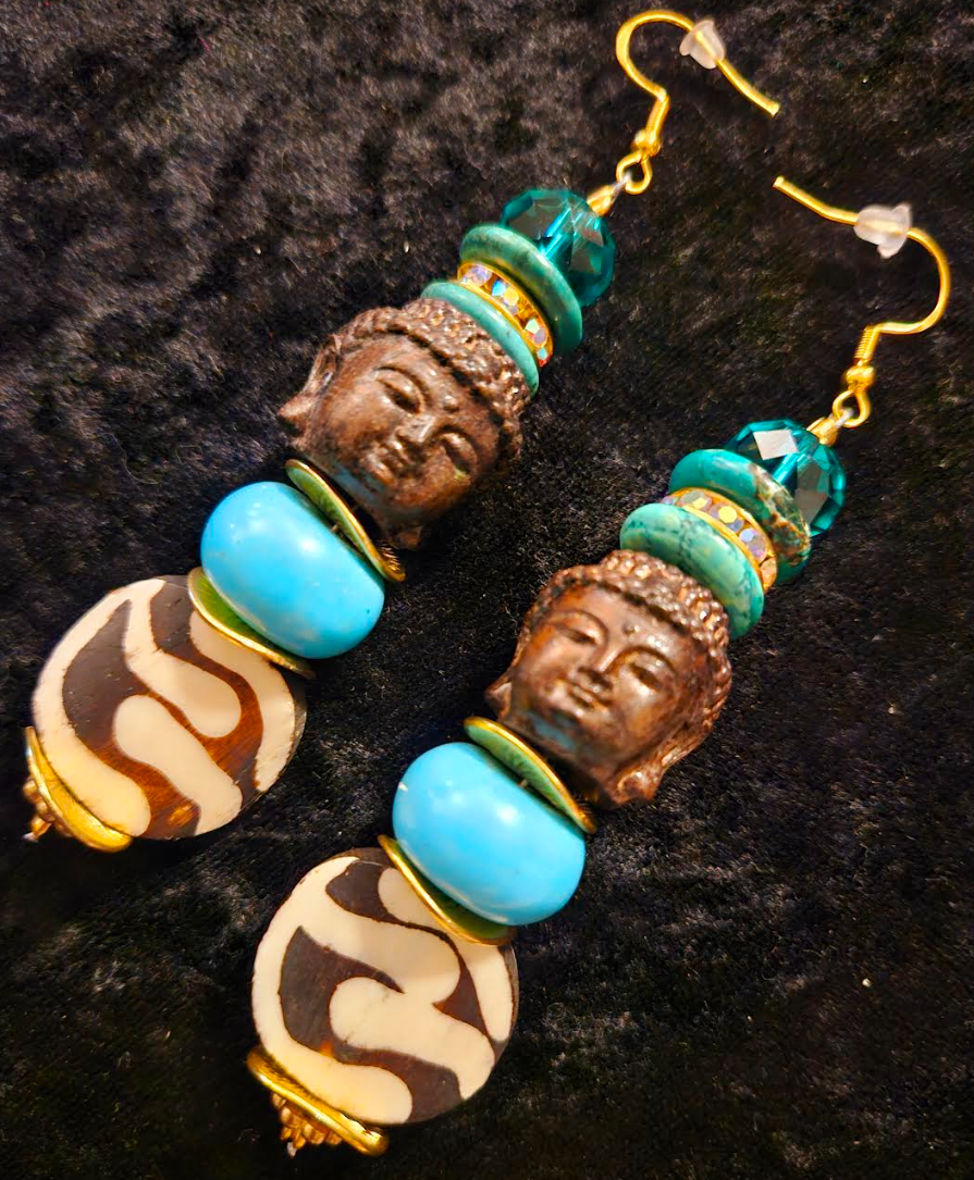 Blue and Brown Agarwood Buddha Head Dangle Earrings - Bone Magnesite Wood and Glass Tribal Shoulder Dusters - Tibetan Ethnic Beaded Ear Candy for Asian Women - Kat Kouture Jewelry