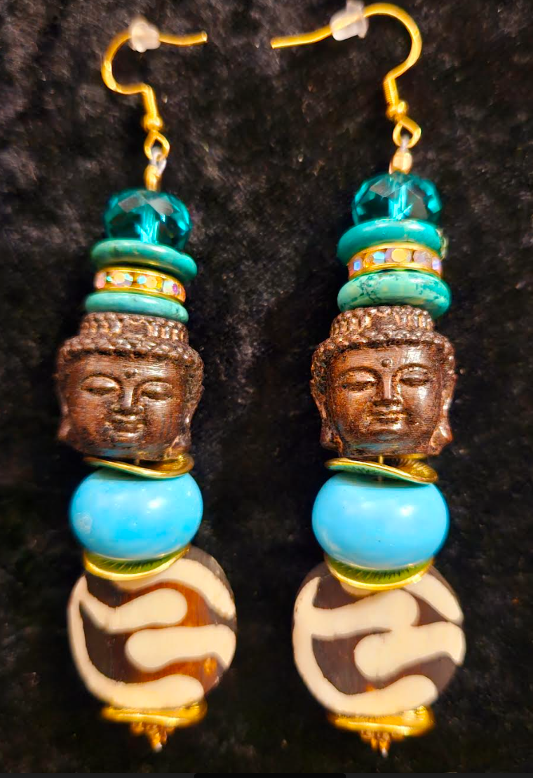 Blue and Brown Agarwood Buddha Head Dangle Earrings - Bone Magnesite Wood and Glass Tribal Shoulder Dusters - Tibetan Ethnic Beaded Ear Candy for Asian Women - Kat Kouture Jewelry