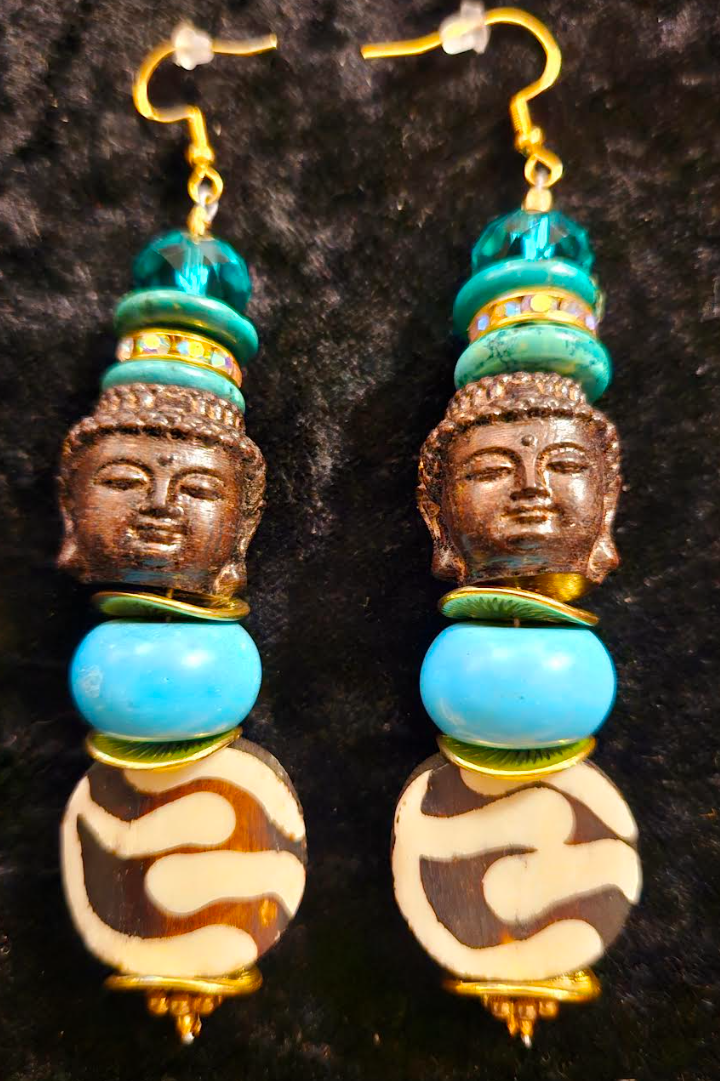 Blue and Brown Agarwood Buddha Head Dangle Earrings - Bone Magnesite Wood and Glass Tribal Shoulder Dusters - Tibetan Ethnic Beaded Ear Candy for Asian Women - Kat Kouture Jewelry