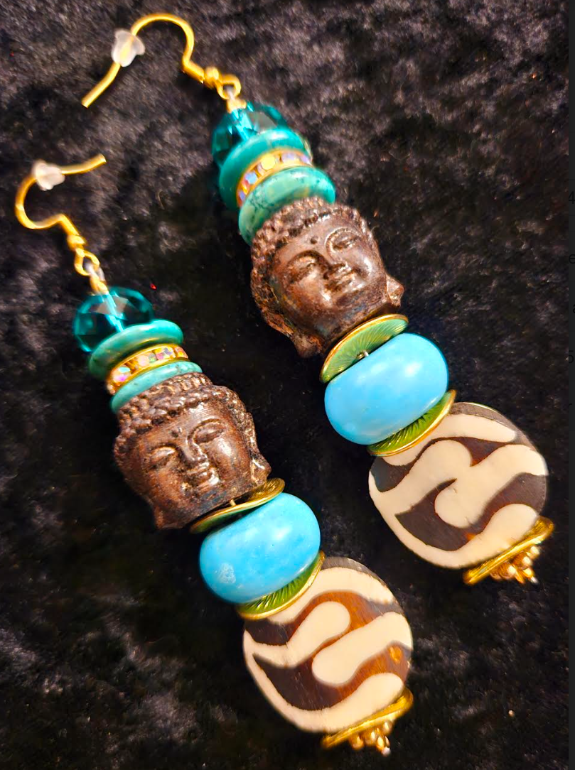 Blue and Brown Agarwood Buddha Head Dangle Earrings - Bone Magnesite Wood and Glass Tribal Shoulder Dusters - Tibetan Ethnic Beaded Ear Candy for Asian Women - Kat Kouture Jewelry