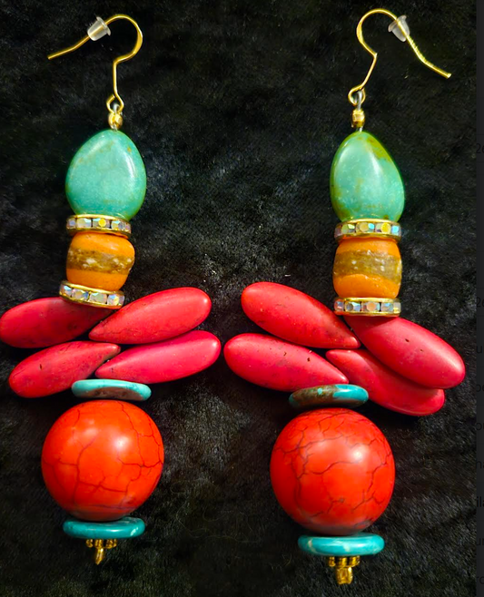 Red Green and Orange Beaded Long Pierced Earrings - Magnesite Coral and Turquoise Shoulder Dusters - Pop of Color Ear Candy - Kat Kouture Jewelry