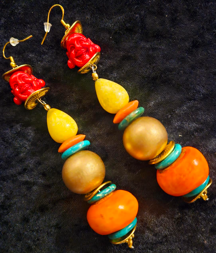 Red Buddha Long Beaded Tribal Statement Earrings - Red Yellow Orange and Gold Shoulder Dusters -  Colorful Ethnic Dangle Ear Candy - Kat Kouture Jewelry