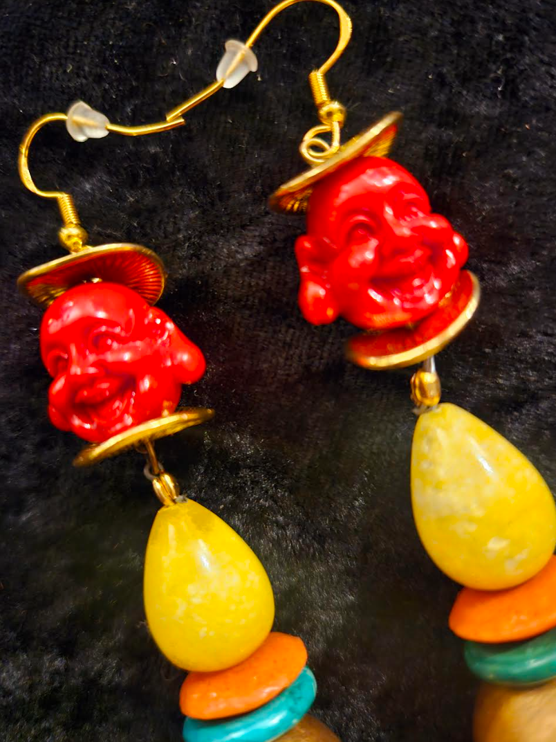 Red Buddha Long Beaded Tribal Statement Earrings - Red Yellow Orange and Gold Shoulder Dusters -  Colorful Ethnic Dangle Ear Candy - Kat Kouture Jewelry