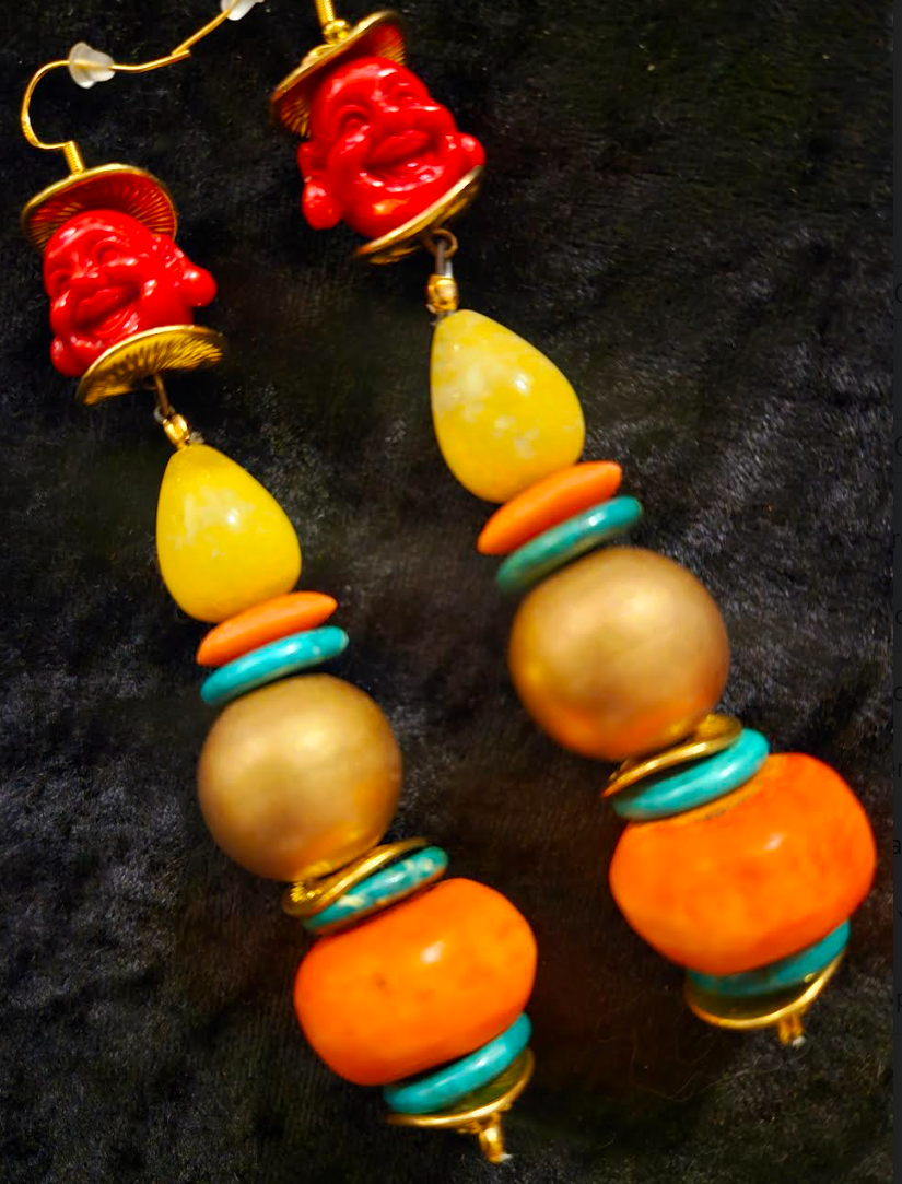 Red Buddha Long Beaded Tribal Statement Earrings - Red Yellow Orange and Gold Shoulder Dusters -  Colorful Ethnic Dangle Ear Candy - Kat Kouture Jewelry