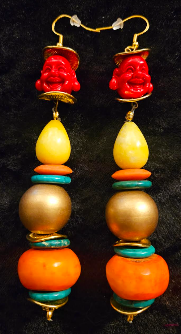 Red Buddha Long Beaded Tribal Statement Earrings - Red Yellow Orange and Gold Shoulder Dusters -  Colorful Ethnic Dangle Ear Candy - Kat Kouture Jewelry