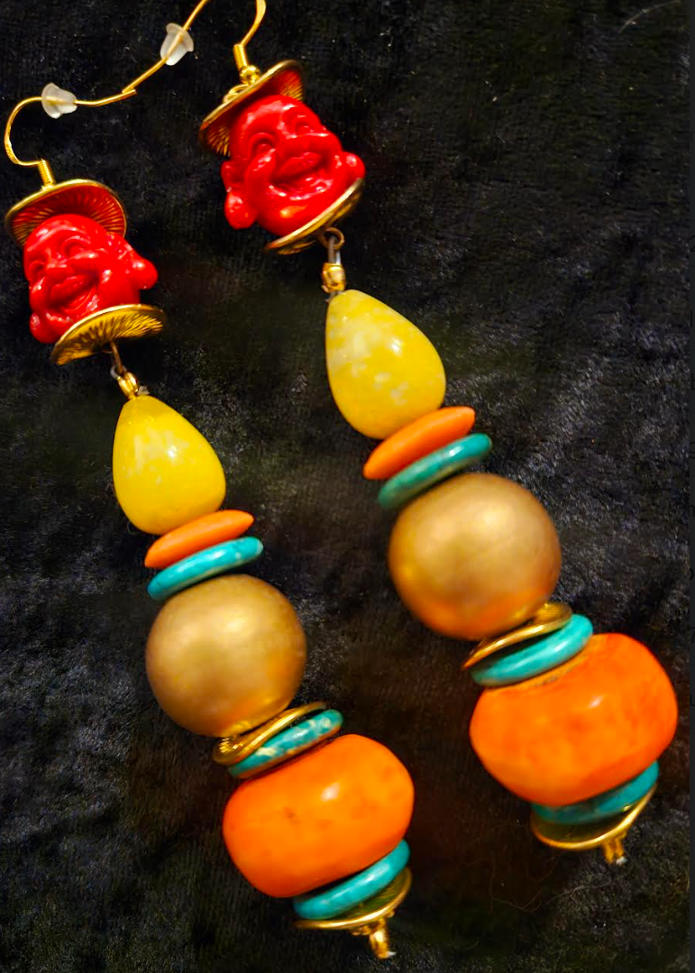 Red Buddha Long Beaded Tribal Statement Earrings - Red Yellow Orange and Gold Shoulder Dusters -  Colorful Ethnic Dangle Ear Candy - Kat Kouture Jewelry