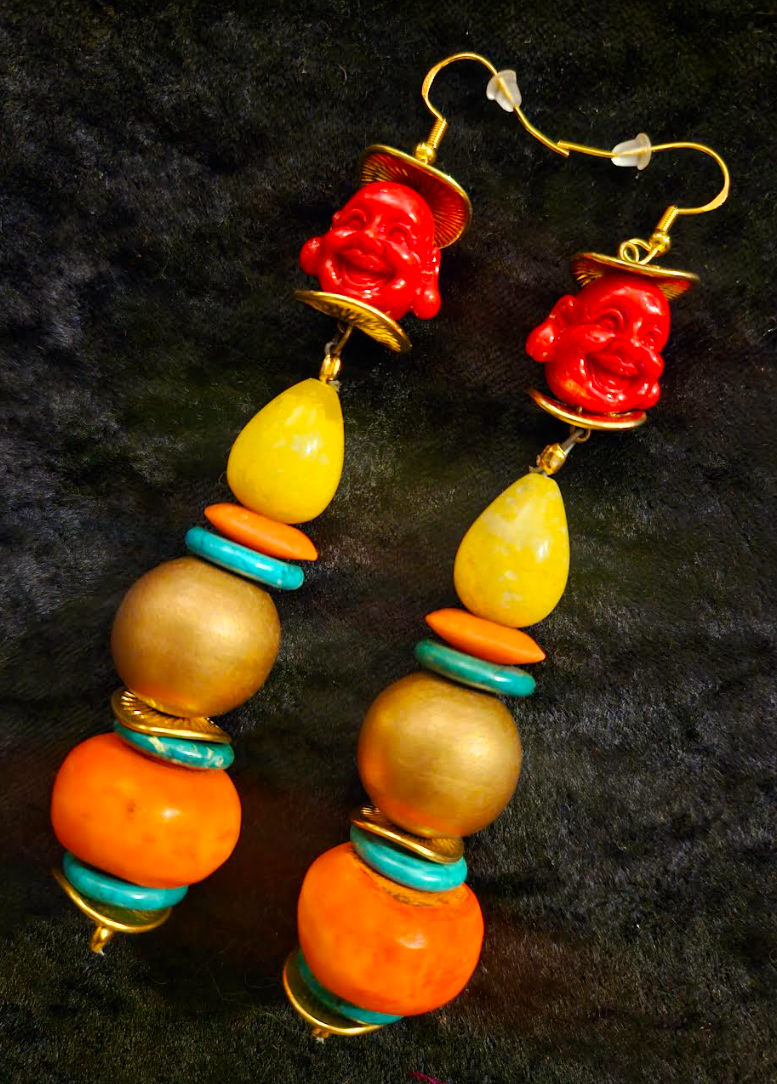 Red Buddha Long Beaded Tribal Statement Earrings - Red Yellow Orange and Gold Shoulder Dusters -  Colorful Ethnic Dangle Ear Candy - Kat Kouture Jewelry