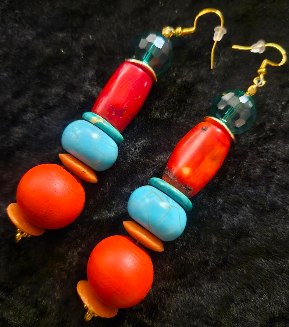 Red Blue and Green Beaded Pierced Earrings - Bold Chunky Dramatic Mixed Media Shoulder Dusters - Kat Kouture Jewelry