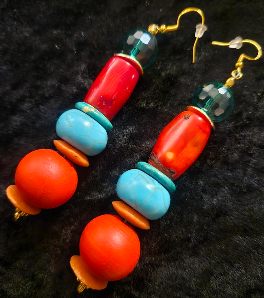 Red Blue and Green Beaded Pierced Earrings - Bold Chunky Dramatic Mixed Media Shoulder Dusters - Kat Kouture Jewelry