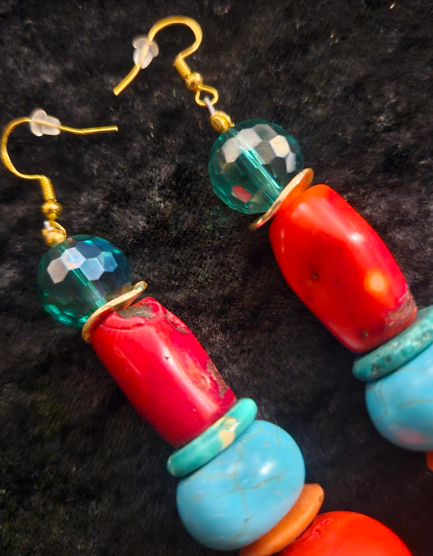 Red Blue and Green Beaded Pierced Earrings - Bold Chunky Dramatic Mixed Media Shoulder Dusters - Kat Kouture Jewelry