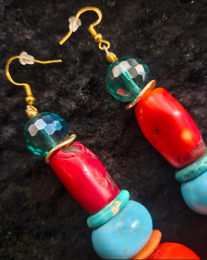 Red Blue and Green Beaded Pierced Earrings - Bold Chunky Dramatic Mixed Media Shoulder Dusters - Kat Kouture Jewelry