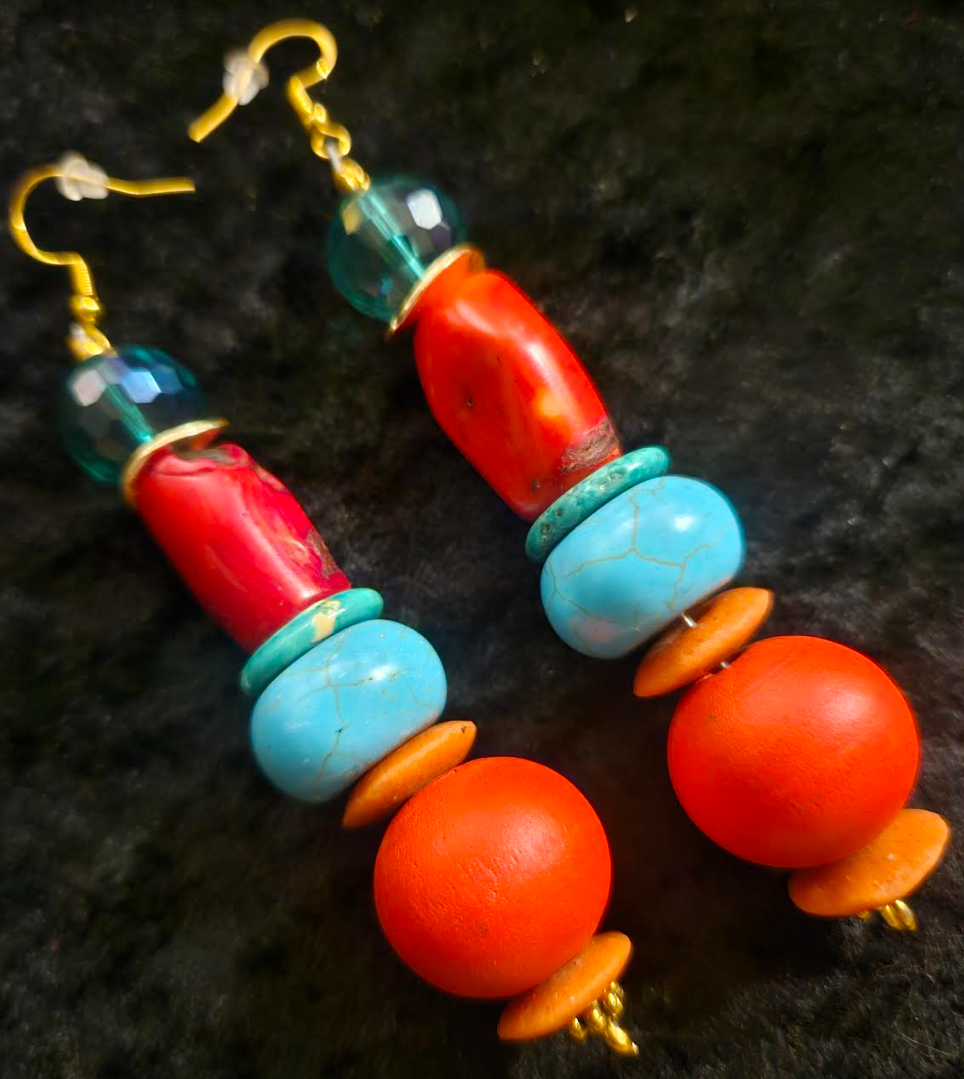 Red Blue and Green Beaded Pierced Earrings - Bold Chunky Dramatic Mixed Media Shoulder Dusters - Kat Kouture Jewelry