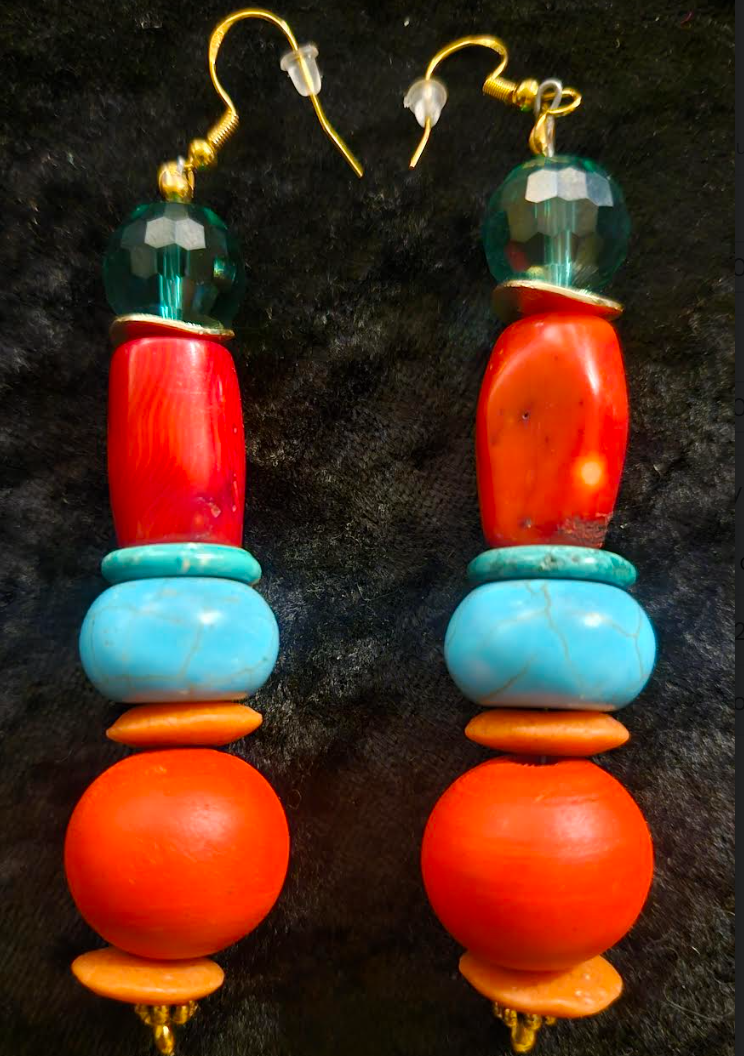 Red Blue and Green Beaded Pierced Earrings - Bold Chunky Dramatic Mixed Media Shoulder Dusters - Kat Kouture Jewelry