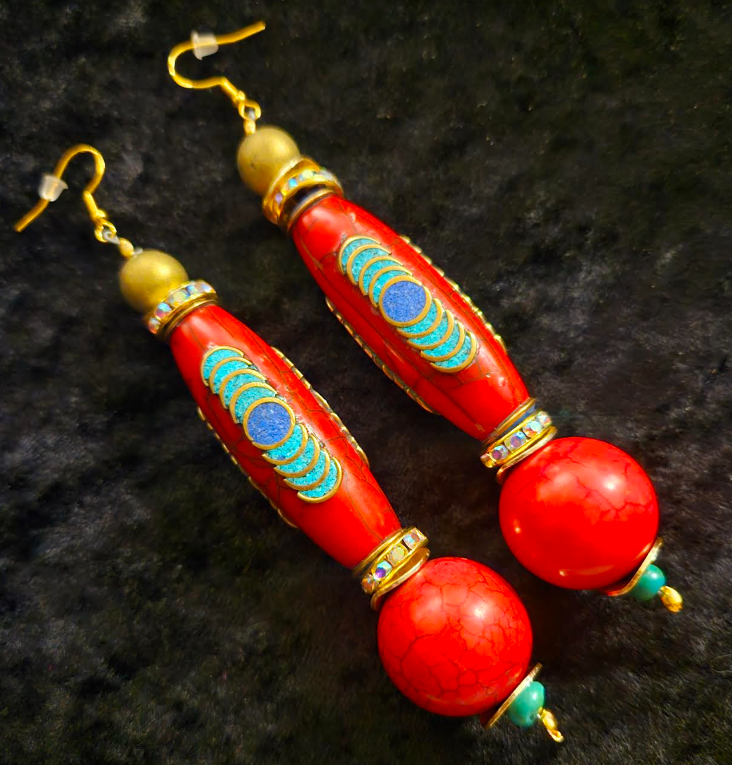 Red Tibetan Inlaid Resin Tribal Shoulder Dusters - Exotic & Wild Long Ethnic Pierced Earrings - Bold Chunky and Dramatic Haute Couture Ear Candy - Kat Kouture Jewelry