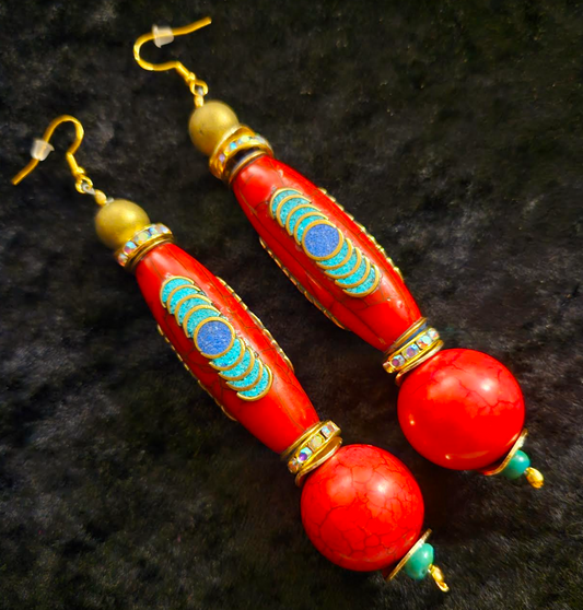 Red Tibetan Inlaid Resin Tribal Shoulder Dusters - Exotic & Wild Long Ethnic Pierced Earrings - Bold Chunky and Dramatic Haute Couture Ear Candy - Kat Kouture Jewelry