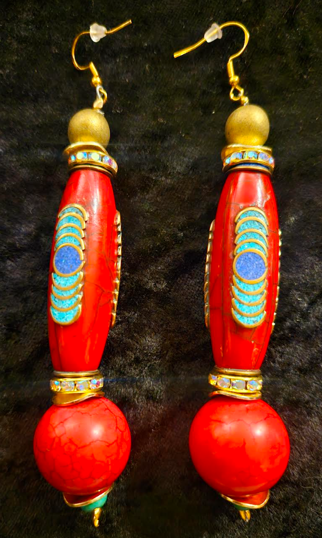 Red Tibetan Inlaid Resin Tribal Shoulder Dusters - Exotic & Wild Long Ethnic Pierced Earrings - Bold Chunky and Dramatic Haute Couture Ear Candy - Kat Kouture Jewelry