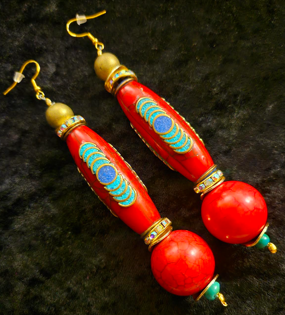 Red Tibetan Inlaid Resin Tribal Shoulder Dusters - Exotic & Wild Long Ethnic Pierced Earrings - Bold Chunky and Dramatic Haute Couture Ear Candy - Kat Kouture Jewelry