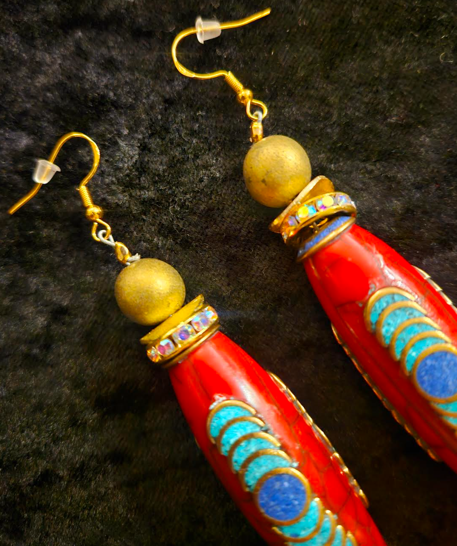 Red Tibetan Inlaid Resin Tribal Shoulder Dusters - Exotic & Wild Long Ethnic Pierced Earrings - Bold Chunky and Dramatic Haute Couture Ear Candy - Kat Kouture Jewelry