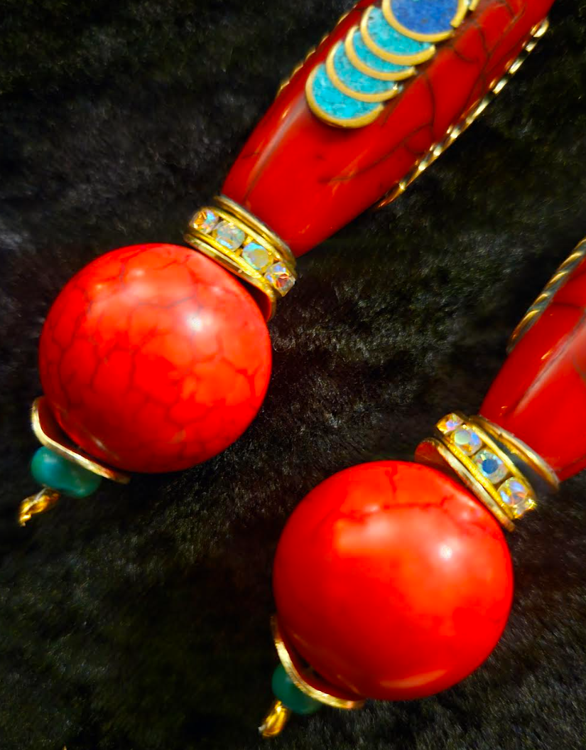 Red Tibetan Inlaid Resin Tribal Shoulder Dusters - Exotic & Wild Long Ethnic Pierced Earrings - Bold Chunky and Dramatic Haute Couture Ear Candy - Kat Kouture Jewelry