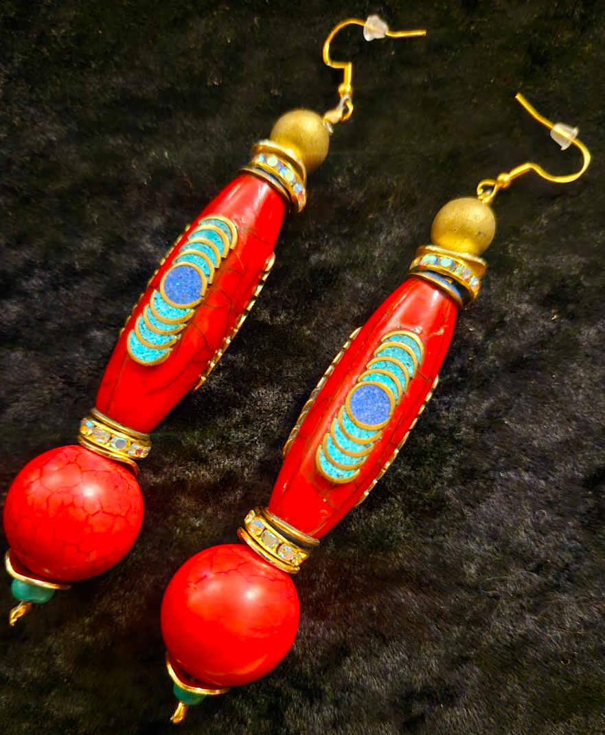 Red Tibetan Inlaid Resin Tribal Shoulder Dusters - Exotic & Wild Long Ethnic Pierced Earrings - Bold Chunky and Dramatic Haute Couture Ear Candy - Kat Kouture Jewelry