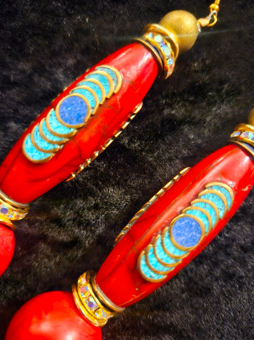 Red Tibetan Inlaid Resin Tribal Shoulder Dusters - Exotic & Wild Long Ethnic Pierced Earrings - Bold Chunky and Dramatic Haute Couture Ear Candy - Kat Kouture Jewelry