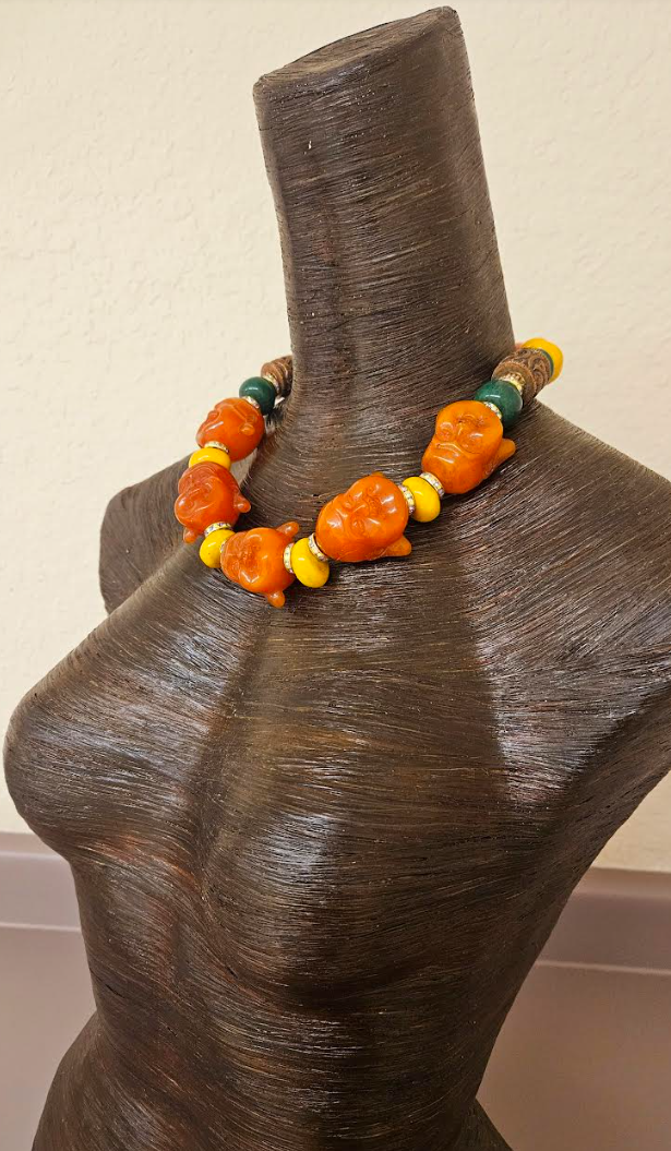 Oversized Orange Buddha Head Statement Necklace - Asian God Beaded Choker - Ethnic Haute Couture Neck Candy - Kat Kouture Jewelry