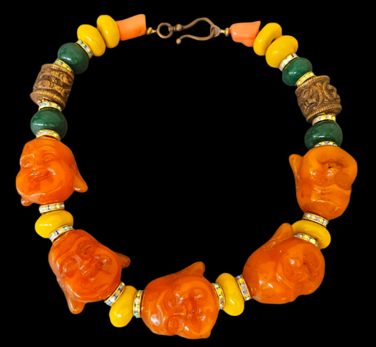 Orange Buddha Head Statement Necklace - Asian Religious Symbol