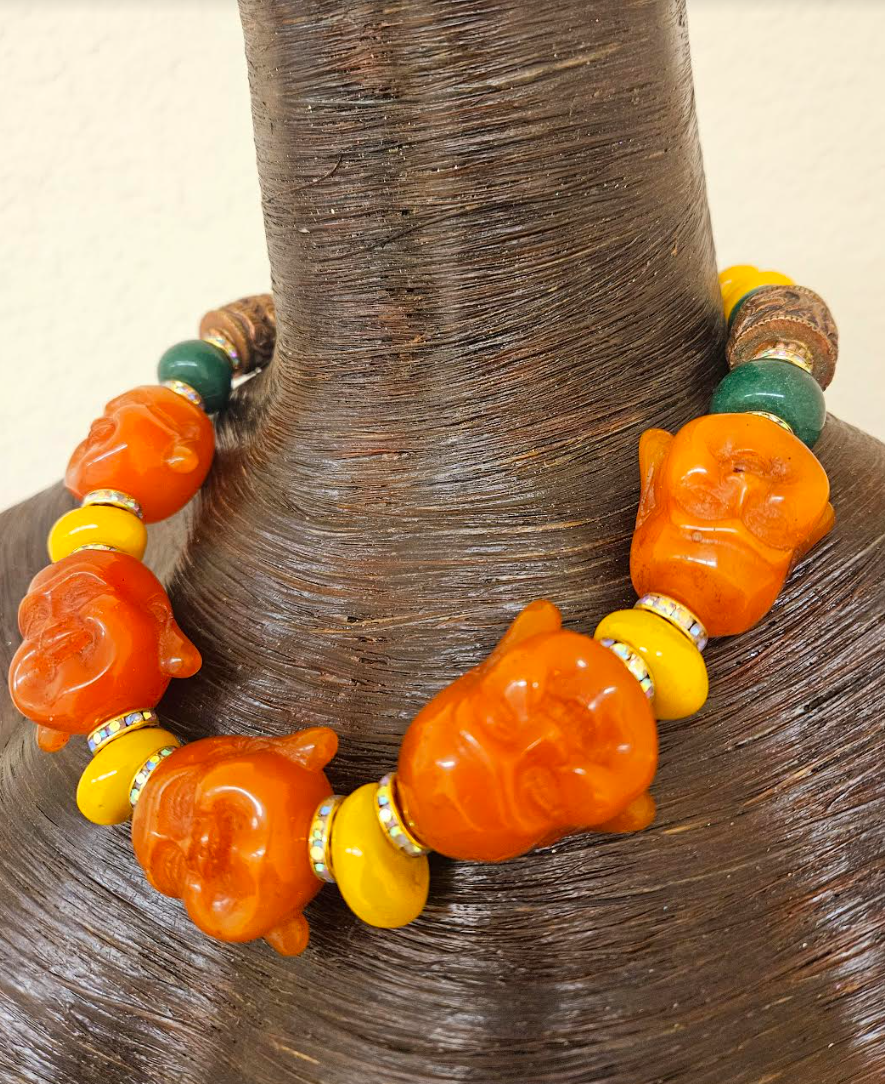 Oversized Orange Buddha Head Statement Necklace - Asian God Beaded Choker - Ethnic Haute Couture Neck Candy - Kat Kouture Jewelry