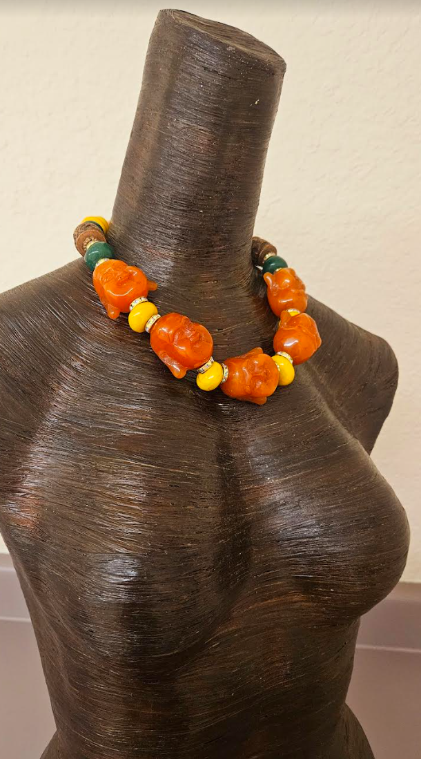 Oversized Orange Buddha Head Statement Necklace - Asian God Beaded Choker - Ethnic Haute Couture Neck Candy - Kat Kouture Jewelry