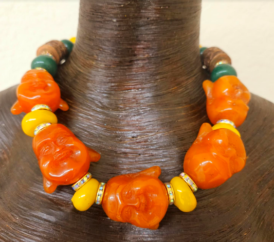 Oversized Orange Buddha Head Statement Necklace - Asian God Beaded Choker - Ethnic Haute Couture Neck Candy - Kat Kouture Jewelry