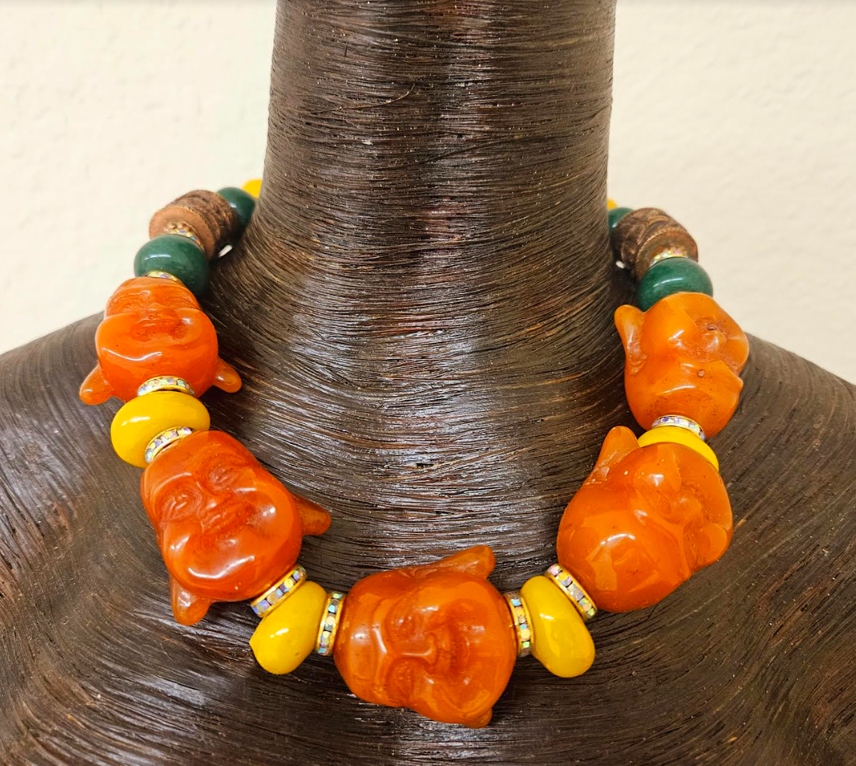 Oversized Orange Buddha Head Statement Necklace - Asian God Beaded Choker - Ethnic Haute Couture Neck Candy - Kat Kouture Jewelry