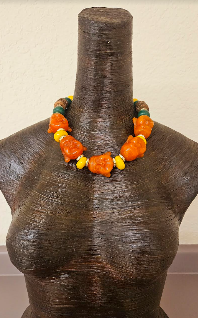 Oversized Orange Buddha Head Statement Necklace - Asian God Beaded Choker - Ethnic Haute Couture Neck Candy - Kat Kouture Jewelry