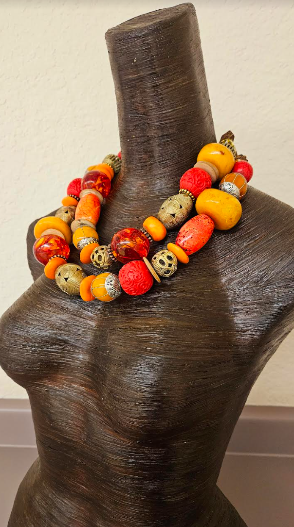 Oversized Orange Red & Gold Beaded Multi Strand Statement Necklace - Mixed Media Exotic African Inspired Component Bib Neck Candy - Kat Kouture Jewelry