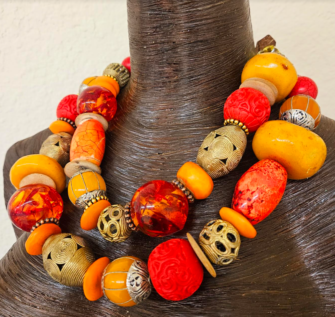 Oversized Orange Red & Gold Beaded Multi Strand Statement Necklace - Mixed Media Exotic African Inspired Component Bib Neck Candy - Kat Kouture Jewelry