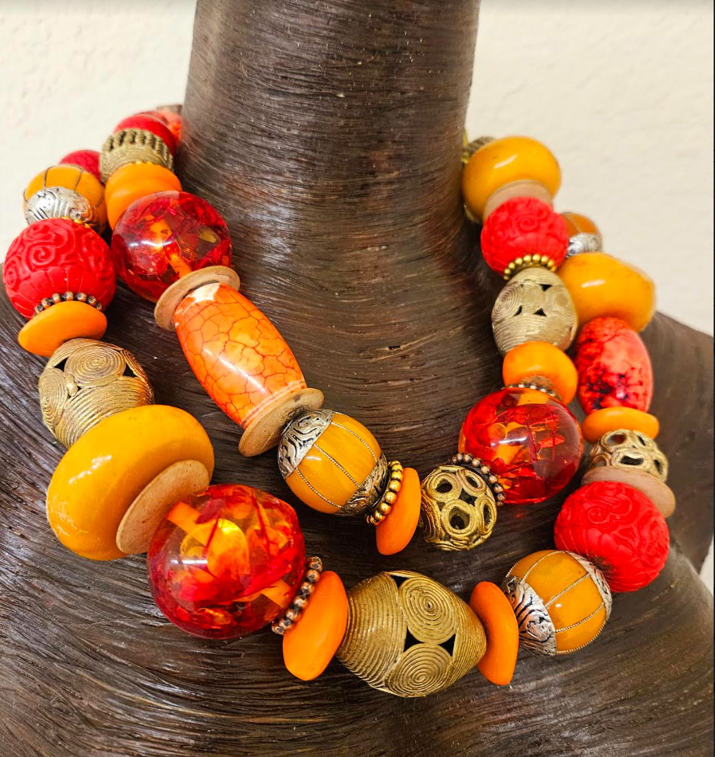 Oversized Orange Red & Gold Beaded Multi Strand Statement Necklace - Mixed Media Exotic African Inspired Component Bib Neck Candy - Kat Kouture Jewelry