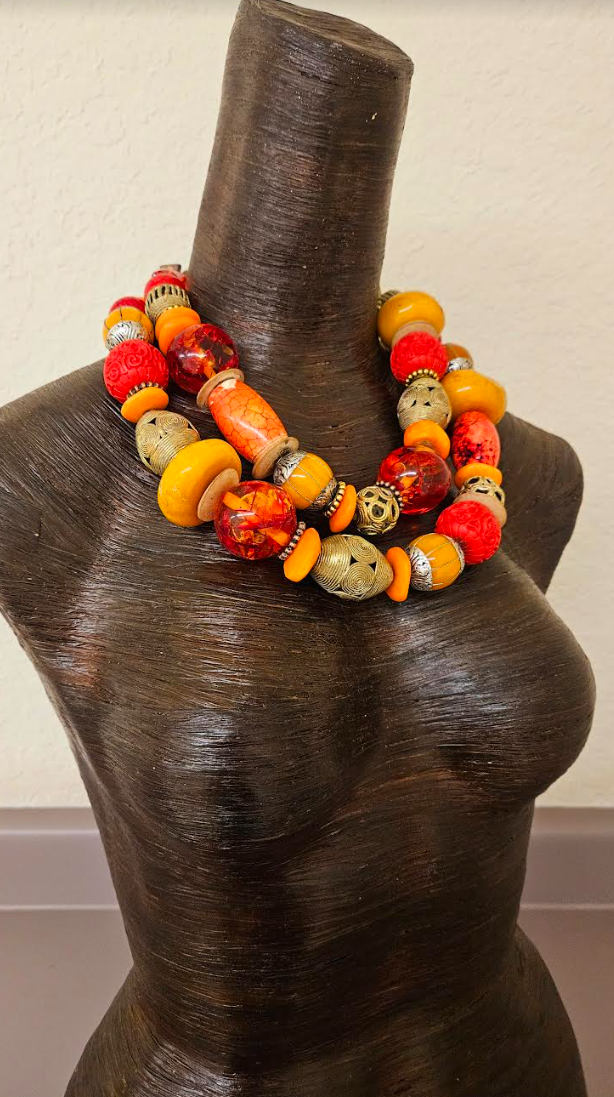 Oversized Orange Red & Gold Beaded Multi Strand Statement Necklace - Mixed Media Exotic African Inspired Component Bib Neck Candy - Kat Kouture Jewelry