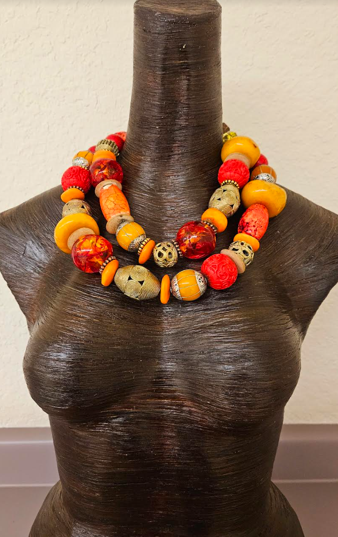 Oversized Orange Red & Gold Beaded Multi Strand Statement Necklace - Mixed Media Exotic African Inspired Component Bib Neck Candy - Kat Kouture Jewelry