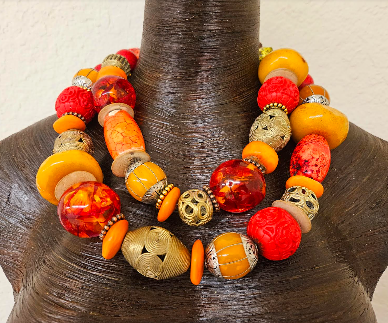 Oversized Orange Red & Gold Beaded Multi Strand Statement Necklace - Mixed Media Exotic African Inspired Component Bib Neck Candy - Kat Kouture Jewelry