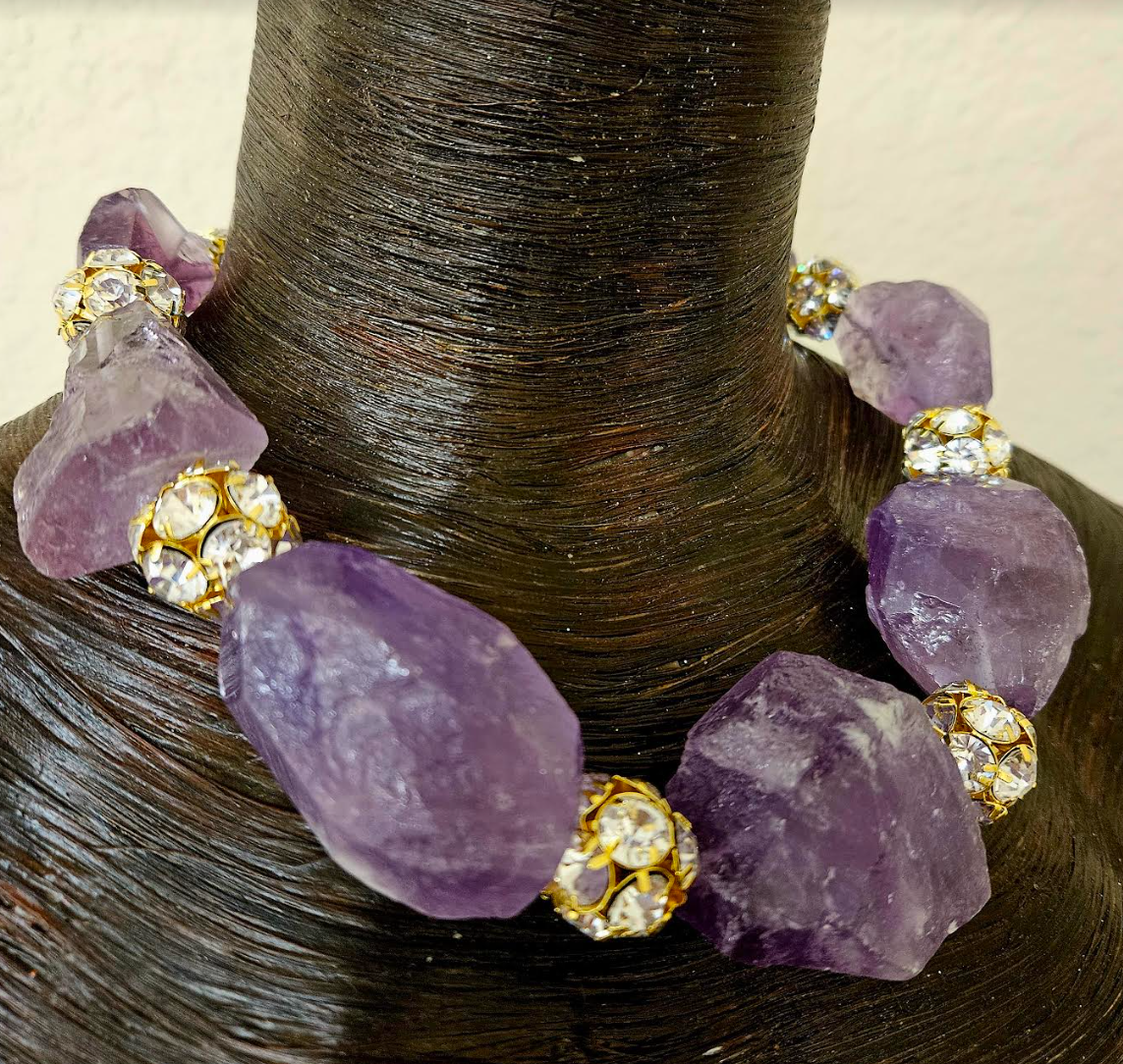 Rough Faceted Amethyst Boulder and Rhinestone Ball Statement Necklace - Bold Chunky Dramatic Purple Crystal Gemstone Choker - Holiday Glamour Jewelry - Kat Kouture Jewelry