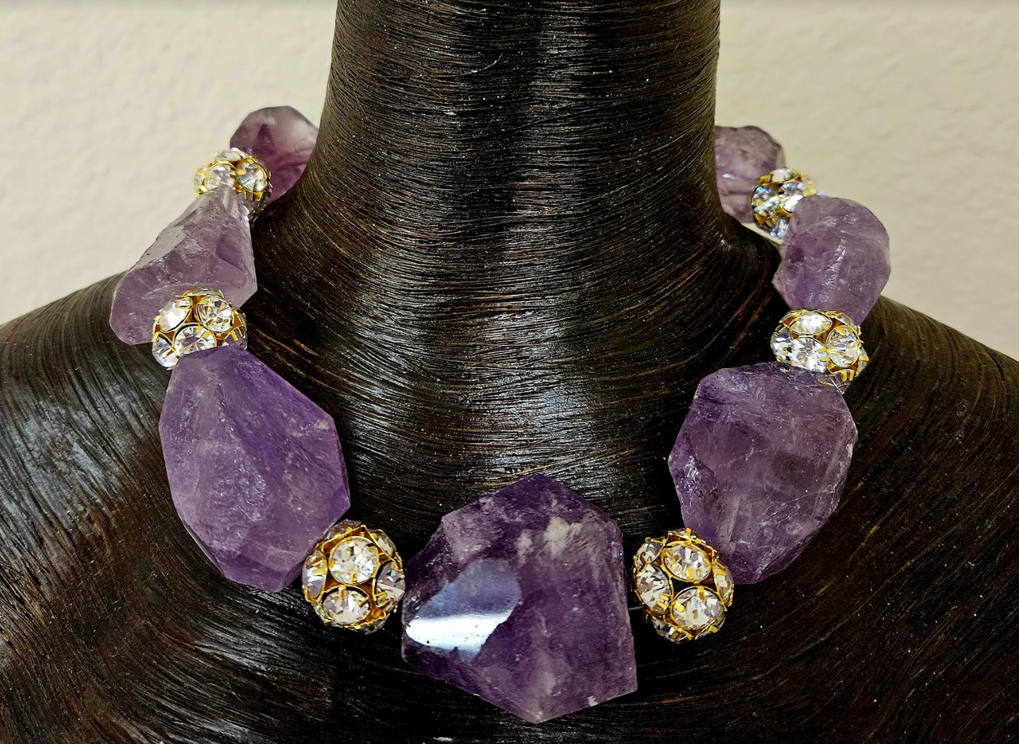 Rough Faceted Amethyst Boulder and Rhinestone Ball Statement Necklace - Bold Chunky Dramatic Purple Crystal Gemstone Choker - Holiday Glamour Jewelry - Kat Kouture Jewelry