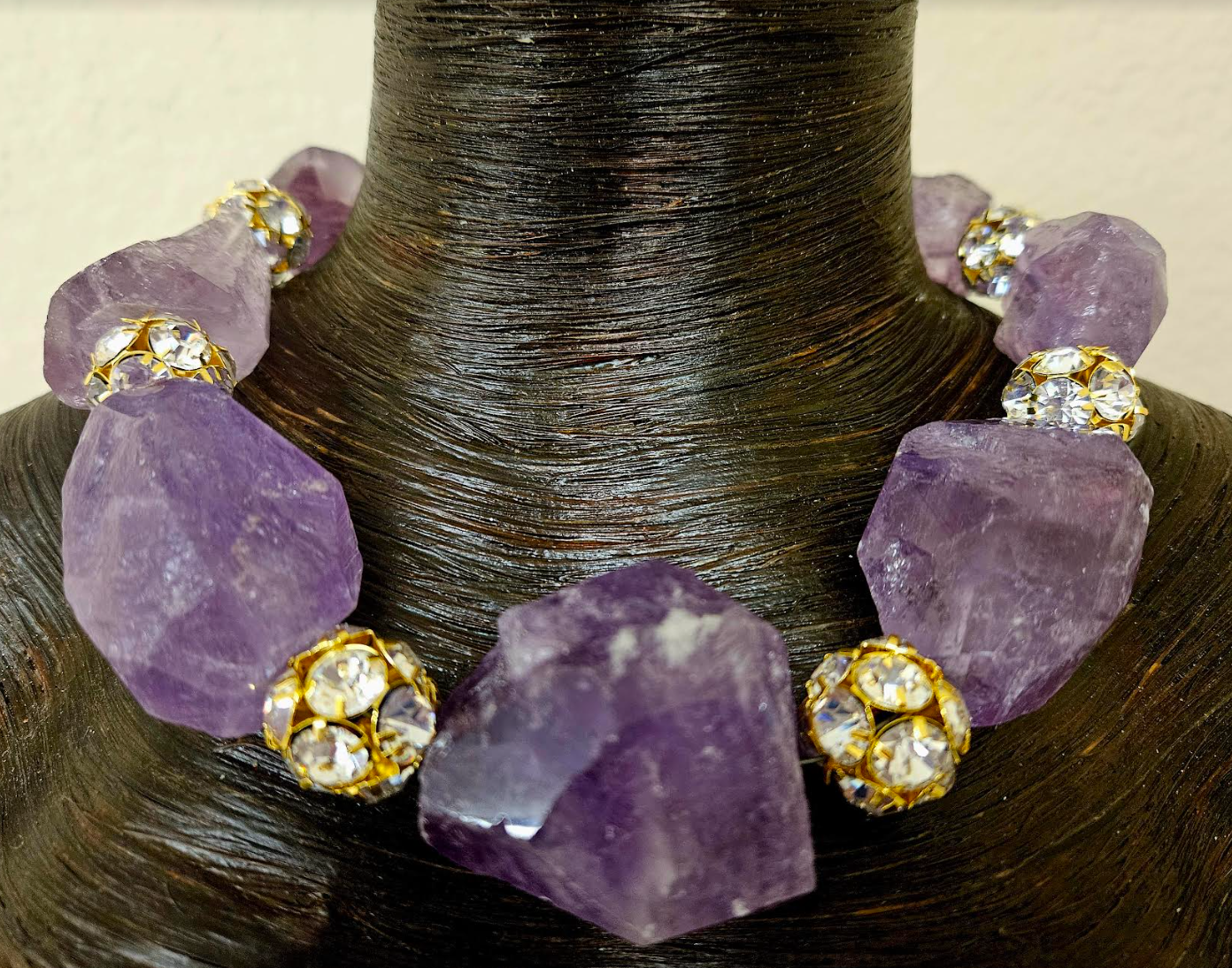 Rough Faceted Amethyst Boulder and Rhinestone Ball Statement Necklace - Bold Chunky Dramatic Purple Crystal Gemstone Choker - Holiday Glamour Jewelry - Kat Kouture Jewelry